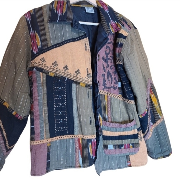 Parsley & Sage brown green long-sleeved Button-down asymmetrical patchwork coat - Picture 2 of 9